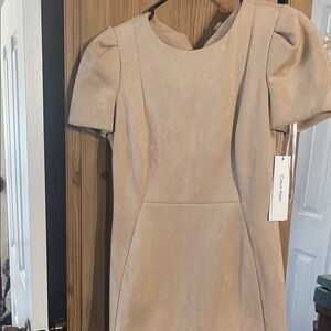 Calvin Klein Neutral Beige Midi Dress with Puff Sleeves